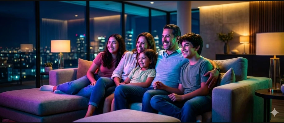 Familia disfrutando una noche de series, cine y deportes en casa con FunTV